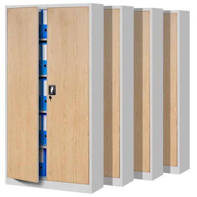 A set of four metal filing cabinets with wood-grain doors, shown from the front.