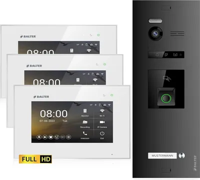 Produktbild von HD Video Türsprechanlage mit Fingerprint und RFID für 1 Familienhaus, 3x Monitore, Balter EVO HD Fingerprint