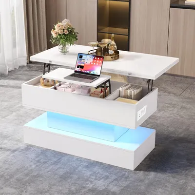 Produktbild von Couchtisch Steckdose USB-C&USB-Ladebuchse multifunktionaler Wohnzimmertisch mit LED anhebbarer Kaffeetish höhenverstellbar Sofatisch Beistelltisch