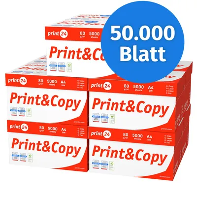 Produktbild von print24 Druckerpapier Kopierpapier 50000 Blatt 100 x 500 A4 80g Premium Weiß PEFC