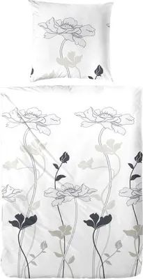 Produktbild von Hahn Satin Bettwäsche Grau Schwarz Blumen 100% Baumwolle Reißverschluss Bettbezug Kissenbezug Bettgarnitur Bettwäsche-Set Bettzeug 155x220 cm