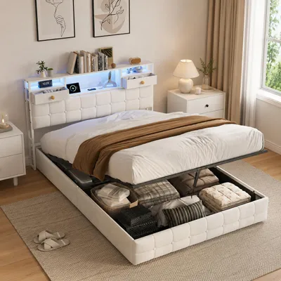 Image de Lit tapissier INONEFT 140x200 avec LED et ports USB, lit à lattes avec tête de lit comprenant 2 tiroirs et des étagères ouvertes, lit pour adolescents avec coffre à lattes hydraulique, couleur beige, Image générée par une IA
