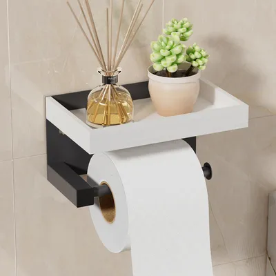 Image de Porte-papier hygiénique avec tablette – Porte-papier hygiénique avec tablette pour la salle de bains, en acier inoxydable, fixation murale, adhésif ou sans perçage, blanc