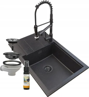 Produktbild von Granitan | Granitspüle LOUIS - 800 x 500 mm - Schwarz marmoriert - mit Küchenarmatur und Syfon