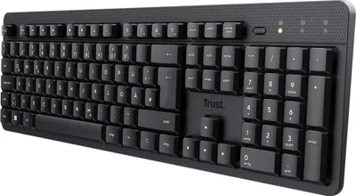 Produktbild von Trust ODY II Leise Tastatur Kabellos Deutsches QWERTZ Layout, Flachen Tasten, Funktastatur Spritzwassergeschützt, RF 2.4GHz USB-Empfänger, Wireless Keyboard PC Laptop Computer Mac - Schwarz