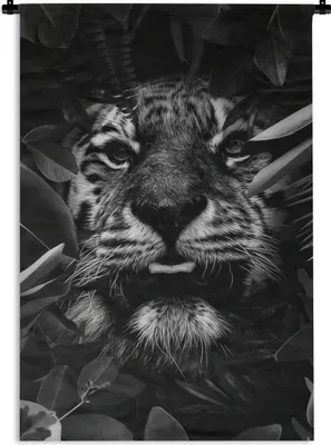 Produktbild von MuchoWow® Wandteppich Wandbehang Tiger zwischen den Pflanzen - schwarz und weiß 60x90 cm Tapisserie Dekoration Wandtuch - Foto-Teppich - Abwaschbar