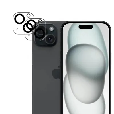 A smartphone with camera lens protectors shown in front of it.