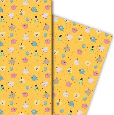 Produktbild von Lustiges Geburtstags Geschenkpapier mit Party Vögeln, gelb - G7699, 32 x 48cm