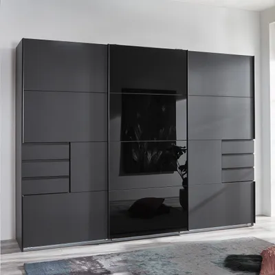 Produktbild von Schwebetürenschrank 3-türig 270cm, graphit mit schwarzem Glas, STRATFORD-43