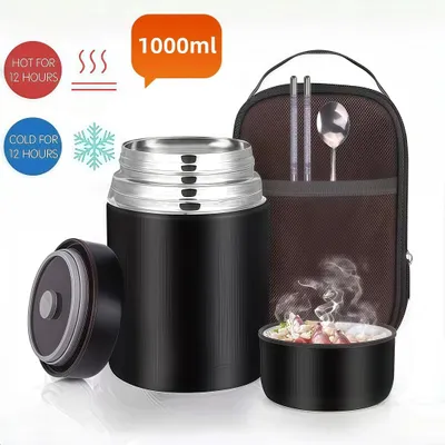 Produktbild von Thermobehälter 1000 ml für Essen,vakuumisoliertes Lebensmittelgefäß aus 316 Edelstahl,mit Besteck,Tragetasche, bruchsicher,Auslaufsicher, weiter Mund