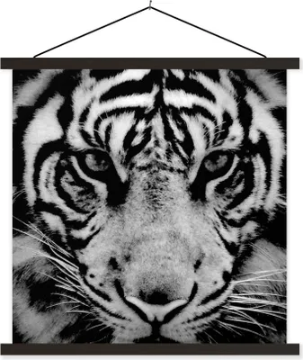 Produktbild von MuchoWow® Textilposter Sumatra-Tiger vor schwarzem Hintergrund in schwarz und weiß 90x90 cm mit schwarzem Rahmen - Magnetisches