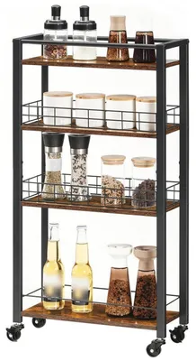 Obrázek produktu pro Mobilní vozík se 4 policemi, úzký, rustikální design v hnědé a černé barvě, rozměry 44 x 18 x 84 cm