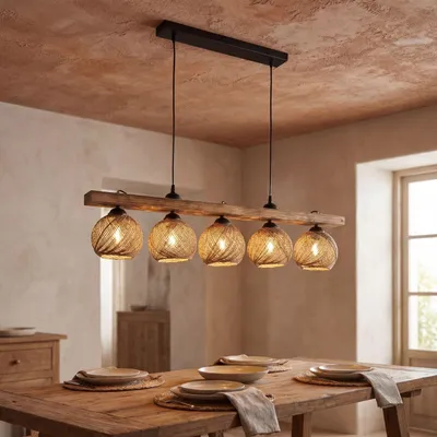 Produktbild von Hängeleuchte Stoff Metall E27 H: max. 93 cm Schwarz Natur geflammtes Holz Kugelschirm Modern Hängelampe