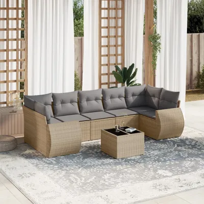 Produktbild von Design 8-tlg. Garten-Sofagarnitur mit Kissen Beige Poly Rattan, Gartenmöbel-Sets 2024 Neu