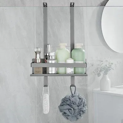 Produktbild von Unyqoos® Duschablage zum Aufhängen – Edelstahldoppelkorb 25 x 5,5 x 6 cm, ohne Bohren, mit 2 Haken & 2 Saugnäpfen, für Duschwand ≤7,5 cm, grau