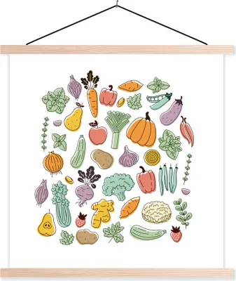 Produktbild von MuchoWow® Textilposter Gemüse - Obst - Minimalismus 40x40 cm mit holzfarbenen Rahmen - Posterleiste