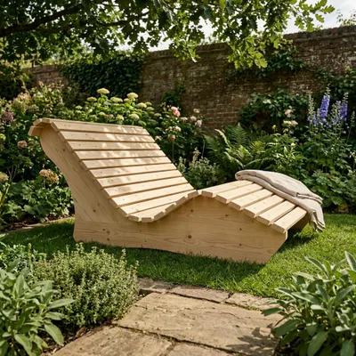 Produktbild von Holzliege Waldsofa Wellenliege Relaxliege "Sigi" Gartenliege Massivholz Fichte abgeschrägt 140cm Himmelsliege