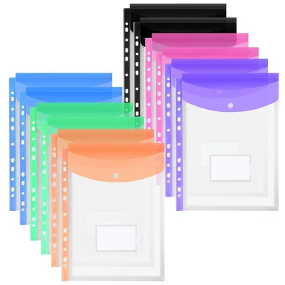 Produktbild von A4-Dokumentenmappe, 12 Stück, transparent, mit Druckknopfverschluss und Etikettenfach, wasserfest, zur Archivierung, transparente Tasche mit 11 Perforationen, 6 Farben