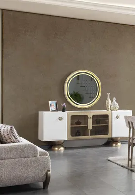 Obrázek produktu pro Zrcadlo Konsole, bílá barva, zlaté detaily, vhodné do ložnice nebo obývacího pokoje, moderní design
