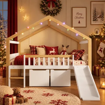 Productafbeelding van Kinderbed met halfhoogslaper in huisstijl, afmetingen 120 x 200 cm, met glijbaan, ladder en lades