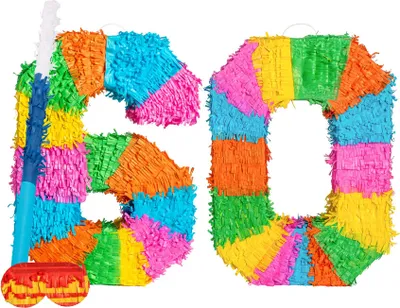 Produktbild von Fax Potato Pinata-Set zum 60. Geburtstag mit Stock und Augenbinde – blauer Stock