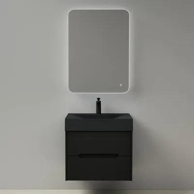 Produktbild von Mai & Mai Badezimmermöbel Waschbeckenunterschrank mit Softclose Schubladen inkl. Mineralguss Waschbecken LED-Badspiegel 60cm in Matt Schwarz Badmöbel-Set Yoga