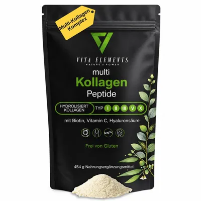 Zdjęcie produktu dla Vita Elements – peptydy kolagenowe w proszku 454 g – 5 rodzajów, biotyna, witamina C, bezsmakowe