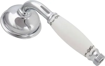 A close-up studio shot of a shower head with a white ceramic handle.