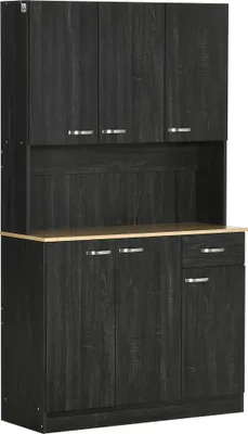 Image de HOMCOM Buffet de cuisine armoire de cuisine contemporaine multi-rangements 6 portes 1 tiroir + grand plateau dim. 101L x 39l x 180H cm en bois noir