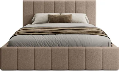 A bed with bedding and pillows, presented against a white background.