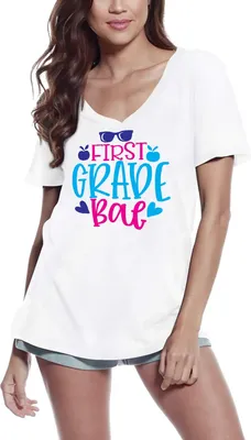 Produktbild von Damen Grafik T-Shirt V-Ausschnitt Erste Klasse bae – First Grade Bae – Öko-Verantwortlich Vintage Jahrgang Kurzarm Lustige Druck Geburtstag Geschenk