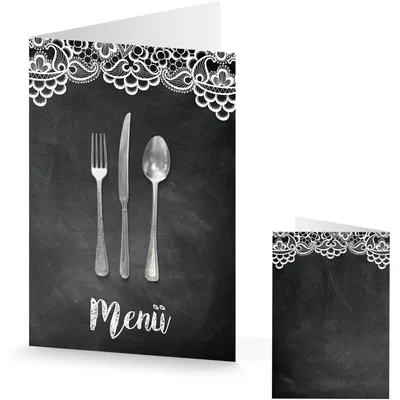 Produktbild von 10 Stück Menükarte Speisekarte SPITZE schwarz weiß Karte MENÜ bedruckbar beschreibbar Besteck Tisch-Deko Hochzeit Geburtstag Tafelkreide vintage look edel10 Stück