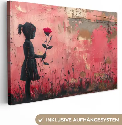 Produktbild von Wanddeko 120x80 cm - Banksy - Mädchen - Rosa - Straßenkunst - Rose, Wandbilder, Wanddeko Wohnzimmer