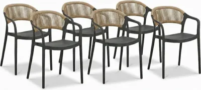 Immagine prodotto di Set di 6 sedie da giardino in polipropilene con fibra di vetro e schienale in corda intrecciata, sedie impilabili resistenti alle intemperie per giardino, terrazza, balcone, bar e ristorante – Jolanda – Nero