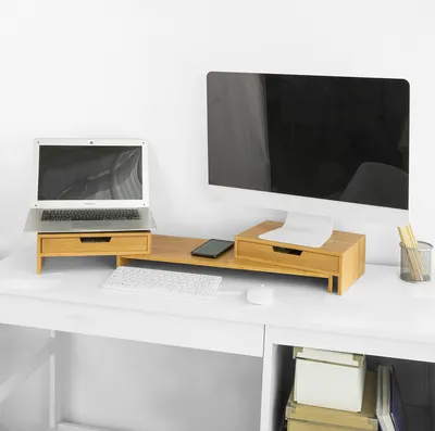Produktbild von SoBuy BBF04-N Design Monitorerhöhung für 2 Monitore Monitorständer Bildschirmständer Notebookständer Schreibtischaufsatz mit 2 Schubladen Holz Bambus