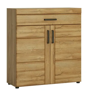 A wooden shoe cabinet with two doors and one drawer.