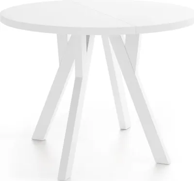 Produktbild von Runder Ausziehbarer Esstisch im Loft-Stil – Industrieller Tisch mit Weißen Holzbeinen – Platzsparender Esstisch für Wohnzimmer – Weiß – 100 bis 200 cm
