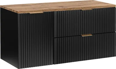 Produktbild von Badezimmer Waschbeckenschrank mit 120 cm Breite, schwarz und Eiche, gerillte Front, 2 Schubladen & 1 Klappe mit Wäschekorb - ADELAIDE-56-BLACK