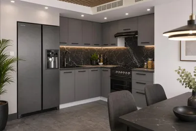 Produktbild von ULWEHOME | Eckküche 300 cm Anthrazit, L-Küche Küchenmöbel-Set Grafit mit Eckschrank, Hängeschränken & geteilten Arbeitsplatten 160 cm, KI-generiertes Bild