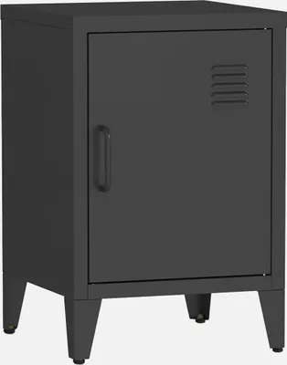 A black industrial-style nightstand with one door and four legs, shown against a white background.
