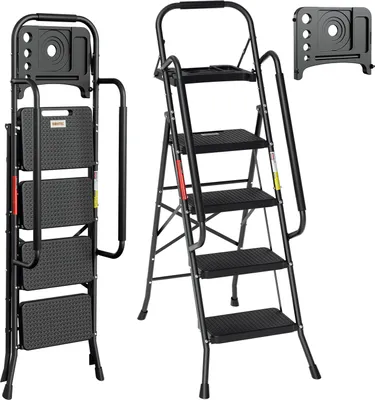 Image de TolleTour pliable Escabeau Escabeau 4 marches Pédale antidérapante Escabeau pliable Tabouret marchepied Escabeau pliant jusqu'à 150kg Accoudoirs amovibles Acier