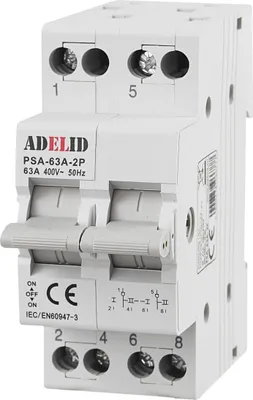 A white electrical circuit breaker with two switches and labeling.
