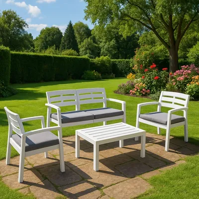 Produktbild von Outdoor-Lounge-Set Dgyas, Gartengarnitur mit 2 Sesseln, 1 Sofa und 1 Couchtisch, Innen- und Außensitzgruppe mit Kissen, 100 % Italy, Weiß
