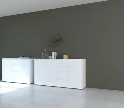 Produktbild von Kommode BADEN Weiß mit 2 Türen, 4 Schubkästen und Griffmulden, 35 cm Tiefe