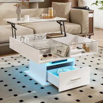 A modern living room scene featuring a white lift-top coffee table with integrated LED lighting and a drawer, placed on a patterned rug in front of a sofa.