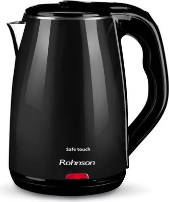 A black electric kettle with a silver trim and a black handle, placed on a white background.
