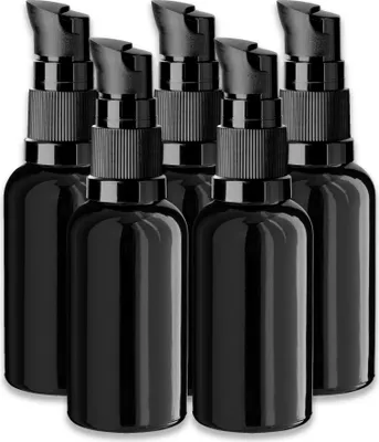 Produktbild von 5x Schwarze Glasflasche 30 ml mit schwarzer Pumpe Dispenserpumpe leer