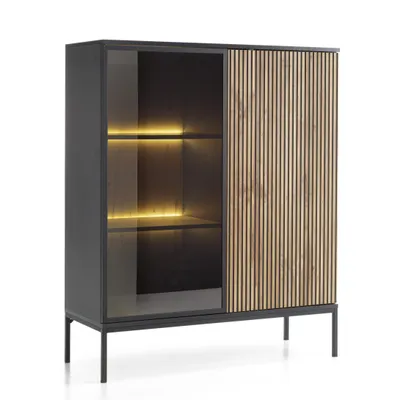 Produktbild von Masseno Vitrinenschrank SENTIERO 126 x 104 cm mit LED Modern Wohnzimmer Vitrine mit Tür Schwarz / Eiche Wotan
