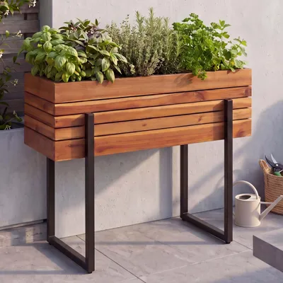 Produktbild von Hochbeet HWC-P85, Pflanzbeet Blumen-/Pflanzkasten Pflanzkübel, Outdoor Metall Akazie Holz MVG 68x80x30cm braun