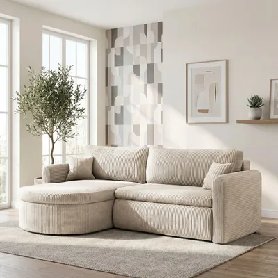 Produktbild von Ecksofa in L-Form mit Schlaffunktion & Stauraum – Universell Montiebar Rechts/Links 4-Sitzer Schlafsofa inkl. 2 Dekokissen und Rückenkissen 250 x 160 x 83 cm – Creme Cord Chenille
